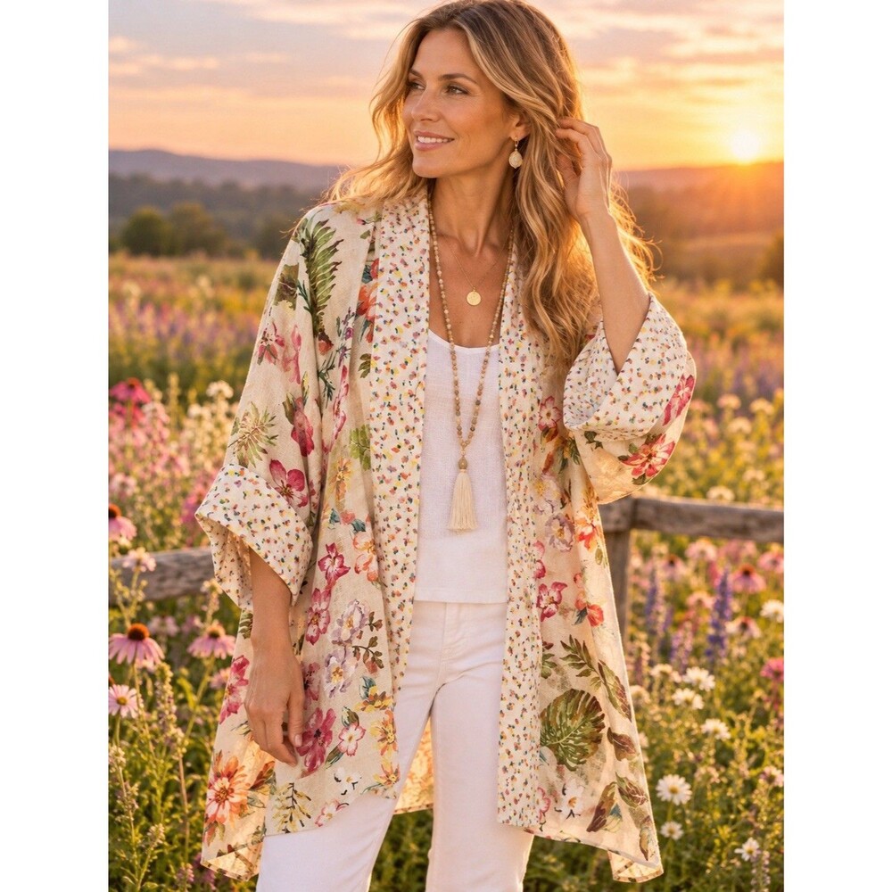 Blank London Anthropologie Kimono One Size 100% Linen Floral Boho Open Cardigan